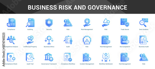 Business Risk And Governance Cohesive set of minimalist vector icons representing key ideas with visual clarity