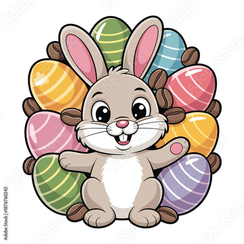 A cute cartoon bunny surrounded by colorful easter eggs and chocolate drops on a white background happily smiling high-quality professional detailed modern.