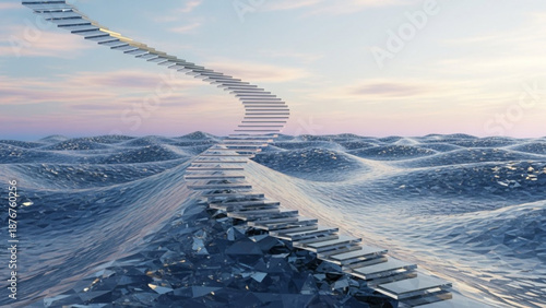 A winding staircase leads through a snowy landscape under a pastel colored sky with soft clouds and distant mountains