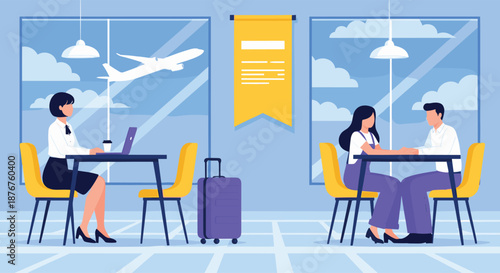 Airport lounge business meeting illustration with travelers working and discussing at cafe vector design