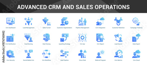 Advanced Crm And Sales Operations Cohesive set of minimalist vector icons representing key ideas with visual clarity
