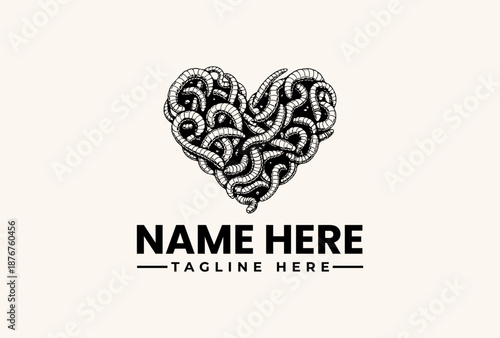 Black and white heart-shaped illustration with intricate design and sample text on a light beige background, featuring a logo and tagline placeholder.