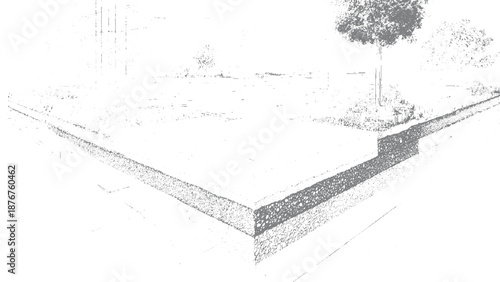 Isometric view of a cross section revealing layered ground beneath a surface with grass and trees, illustrating soil composition and subsurface structure in detail