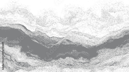 Abstract topographic lines forming a textured landscape with a central grey river or valley in a monochromatic vintage engraving style