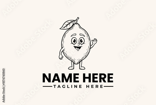 A cheerful cartoon pear character with a leaf on its head waves in a friendly manner, standing on a clean white background with bold text placeholder for a logo or brand name.
