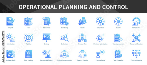 Operational Planning And Control Cohesive set of minimalist vector icons representing key ideas with visual clarity