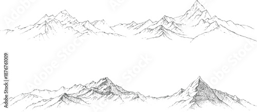 Detailed hand-drawn of mountain ranges with sharp peaks and valleys showcasing dramatic lighting and atmospheric perspective