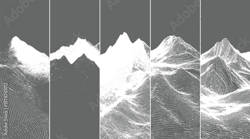 Digital landscape visualizations of mountain ranges with topographic contour lines creating a sense of depth and elevation on a dark gray background