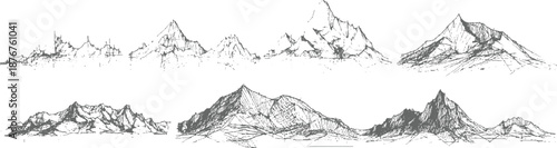 Collection of distinct mountain silhouettes and profiles in a hand drawn style highlighting varied shapes and geological with artistic flair