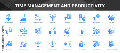 Time Management And Productivity Cohesive set of minimalist vector icons representing key ideas with visual clarity