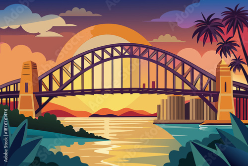 sydney harbour bridge at sunset illustration