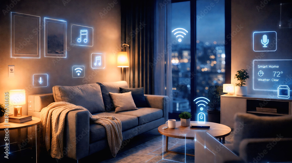 Εκτύπωση καμβά Cozy smart home interior with glowing connectivity icons at dusk