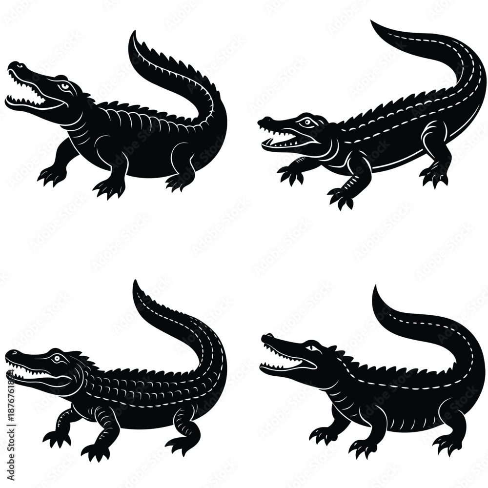 Fototapeta premium Alligator silhouette vector, crocodile reptile illustration, predator pose animal composition, sun element design, cad drawing flat vector illustration, swamp stance
