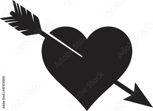 Black heart pierced by arrow silhouette romantic love symbol minimalist icon isolated white background illustration for valentine design
