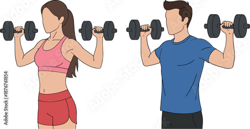 Man and woman lifting dumbbells together in gym workout flat vector illustration for fitness training concept