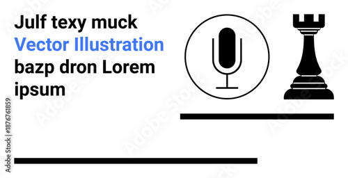 Communication, strategy, podcasting, creativity, voice, abstract art. A microphone and chess rook icon alongside text and minimal lines. Communication and strategy concepts highlighted