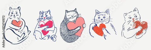 Abstract hand drawn cat doodle holding a red love heart for valentine day whimsical pet illustration