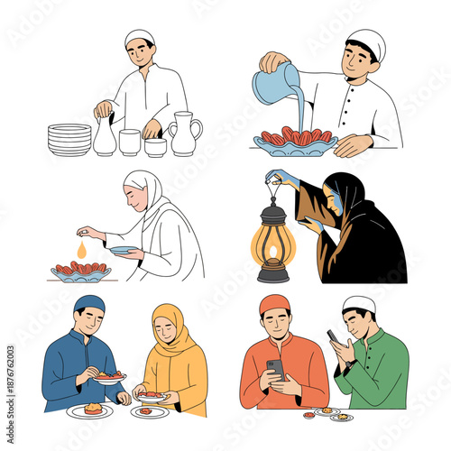 Ramadan Scenes: A depiction of Islamic traditions and communal togetherness, featuring individuals in traditional attire engaged in acts of worship, sharing meals.