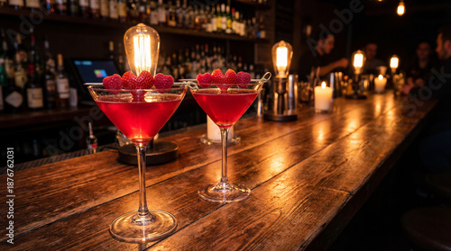 Wallpaper Mural Two red cocktails with heart strawberries on a rustic bar Torontodigital.ca