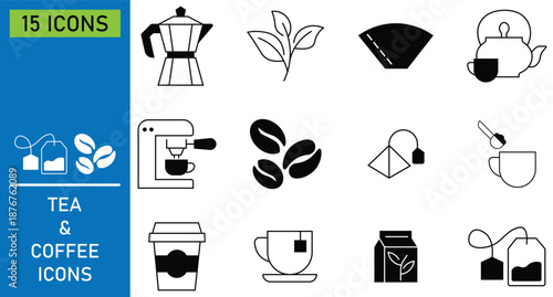 Set of coffee and tea icon in line style. including cups, mugs, coffee beans, green tea, cafes, drink, espresso and more. Collection of outline Icons. Vector illustration.