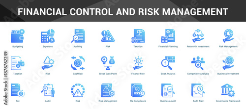 Financial Control And Risk Management Cohesive set of minimalist vector icons representing key ideas with visual clarity