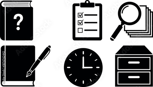 Black silhouette icons set including question book, clipboard checklist, magnifying glass, pen with notebook, clock face, and filing cabinet drawer