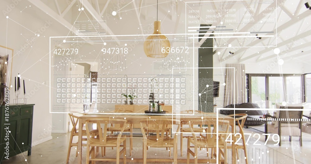 Fototapeta premium Displaying light wood dining table and wooden chairs centered in living area, AR overlays