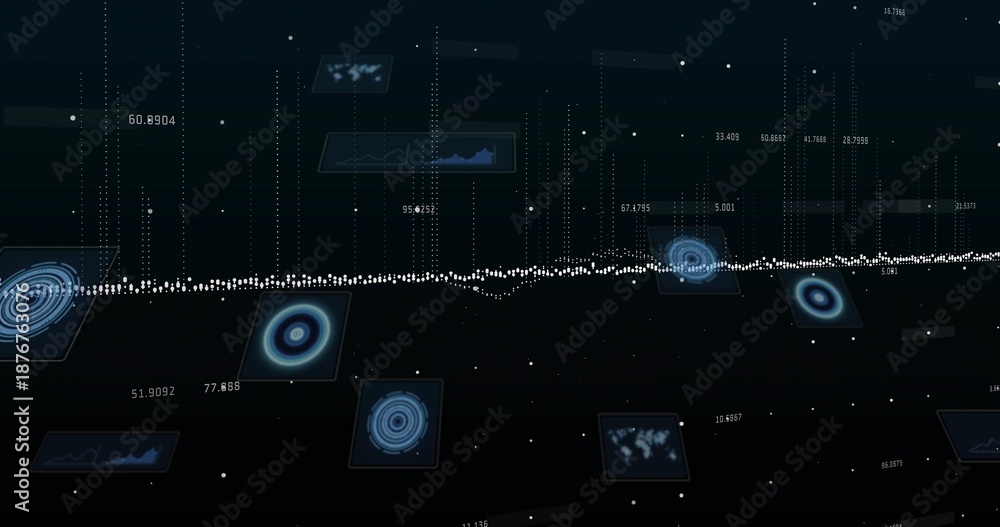 Obraz premium Streaming central horizontal data stream pulsing in dark-space, with radar charts and data pillars