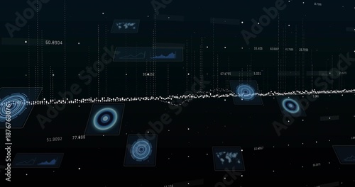 Streaming central horizontal data stream pulsing in dark-space, with radar charts and data pillars