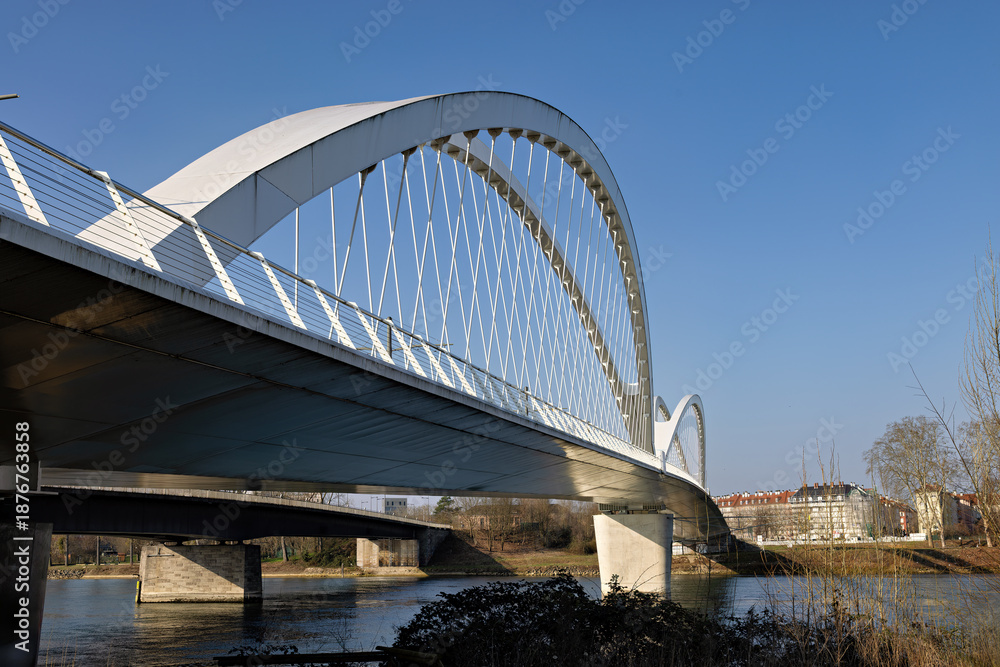 Fototapeta premium Pedestrian and tram bridge over the Rhine at kehl