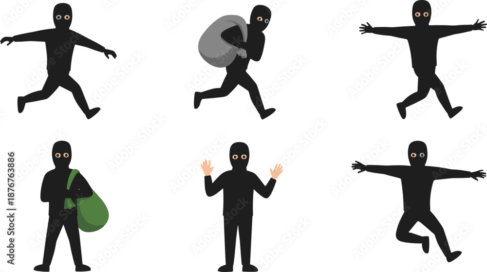 Photography Thief and burglar character actions set showing stealing running and surrender p
