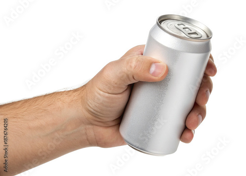 hand holding soda can isolated on a transparent background.