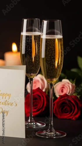 Romantic Valentine's Day Dinner Setting with Champagne Roses and Card