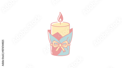 Delicate Lighted Candle With Festive Wrapper And Ribbon Bow Isolated On White Background For Celebrations And Special Moments