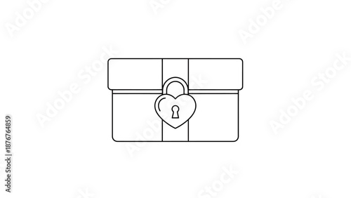 Open Work Abstract Drawing of Horizontal Rectangular Box Secured with Heart Shaped Padlock on Plain Background