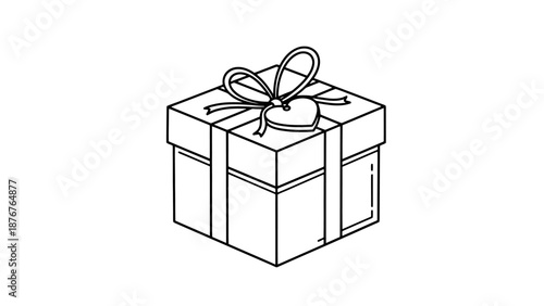 Clean Isometric Line Drawing of a Wrapped Present Box Adorned with a Ribbon and Heart Charm for Various Celebrations and Gifting Occasions