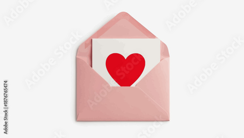 Pink open envelope with white card and red heart, love message concept, isolated white background.