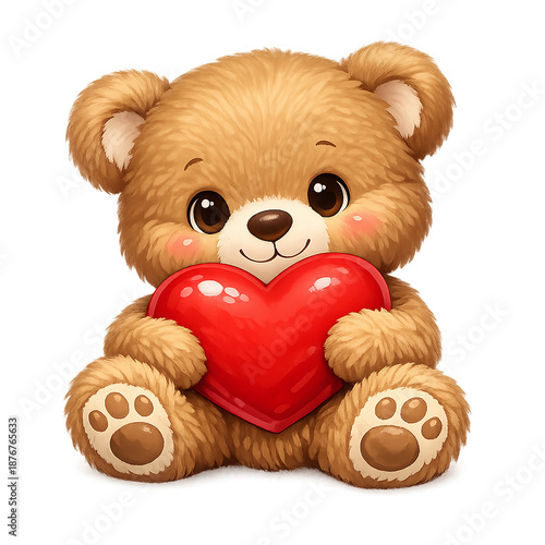 A soft brown stuffed teddy bear sitting isolated on white while holding a cuddly red plush heart gift, a furry toy animal and fluffy childhood object symbolizing love