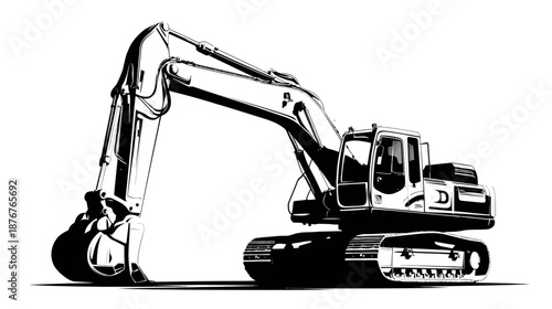 Heavy excavator black and white vector illustration for construction, earthmoving, and civil engineering projects. Industrial machinery drawing.