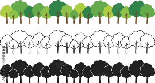 cartoon forest tree border illustration, colorful woodland landscape silhouettes and line art, flat nature vector design elements set