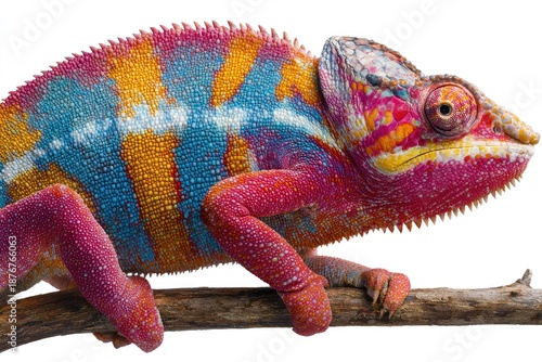 Colorful chameleon perched on a branch against white background