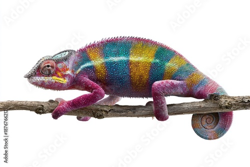 Colorful chameleon perched on a branch isolated against a white background
