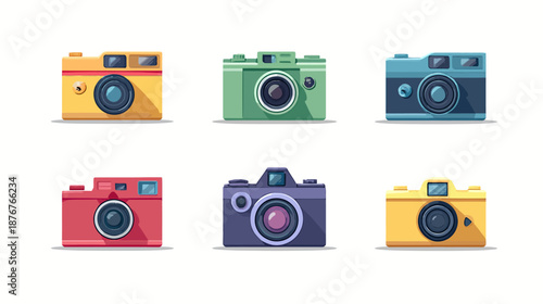 Colorful Set of Retro Film Camera Illustrations in Flat Design Style, Vintage Photography Equipment Collection