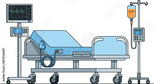 hospital icu bed illustration, patient monitoring system and saline drip equipment, emergency healthcare medical flat vector