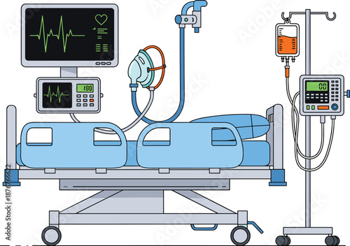 hospital intensive care unit bed illustration, patient monitoring medical equipment, emergency healthcare technology, flat vector design