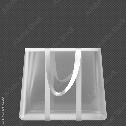 Transparent tote bag with handles, white shopping pouch with straps, plastic handbag with hooks vector mockup front view