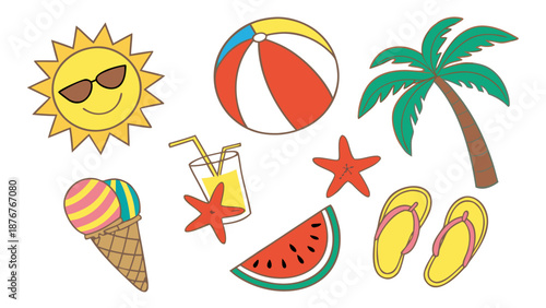 Vector illustration set of summer beach icons featuring tropical elements like palm trees, sea waves, sun, sand, and travel vacation symbols like umbrellas, balls, and sunglasses for island holiday de