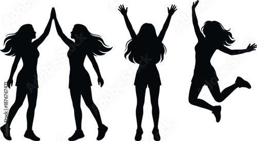 Happy women silhouette set showing high five jumping celebrating friendship joy success female people vector illustration isolated background