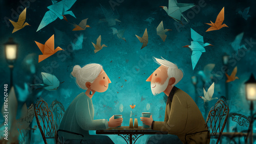 A senior couple shares a serene moment over coffee, surrounded by the whimsical flight of origami birds in a dreamlike setting.