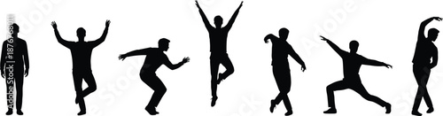Human silhouette set showing standing jumping dancing stretching balance poses male people action motion vector illustration isolated background